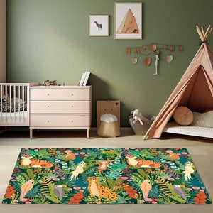 Jungle print nursery area rug | Jungle nursery theme decor | Jungle animal area rug | green rug for kids | carpet | Jungle mat | Rainforest