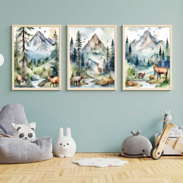 Watercolor mountain landscape nursery wall decor | Mountain nursery prints | Wilderness animal nursery Prints | Set of 3 nursery prints