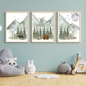 Mountain nursery decor | woodlands nursery decor | forest animals nursery decor | unframed set of three watercolor nursery prints | green