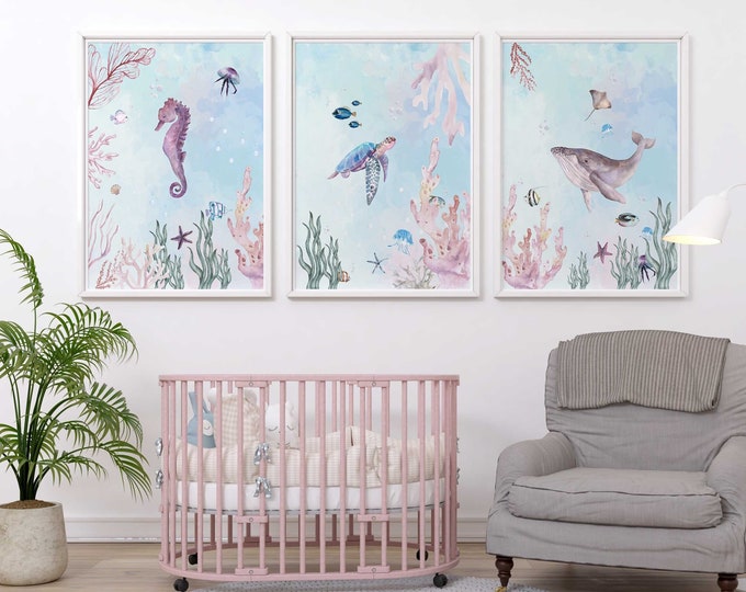 Under the sea nursery wall art prints | Ocean animal nursery decor | Sea animal nursery decor | Set of three nursery prints | girl nursery