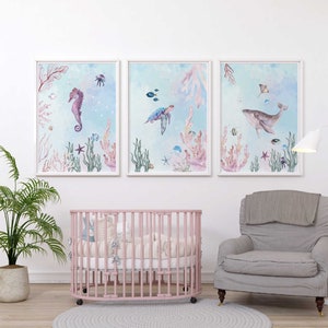 Under the sea nursery wall art prints | Ocean animal nursery decor | Sea animal nursery decor | Set of three nursery prints | girl nursery