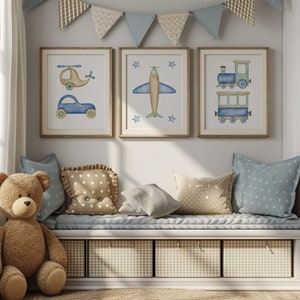 Vliegtuigen, treinen en auto's kinderkunst aan de muur | Babykamerdecoratie babyjongen | Vliegtuigen, treinen en auto Kinderkamerdecoratie | Set van 3 prints