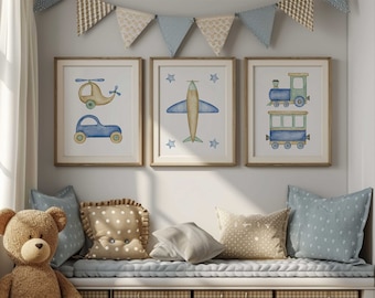 Transportation Nursery Prints: Airplane, Train, Car, Helicopter - Set of 3
