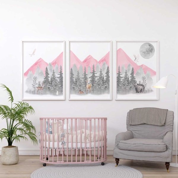 Pink & gray mountain nursery decor | Girl nursery prints | Pink nursery wall decor | unframed set of three nursery prints | Pink Mountains