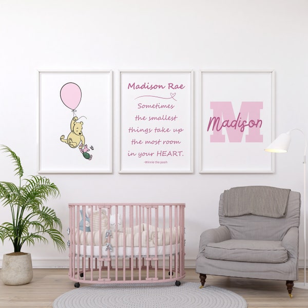 Custom Winnie the Pooh Nursery Wall Art Prints - Personalized Pooh Nursery Decor - Pink Pooh Quote Wall Art - Set of 3 Prints - Baby Girl