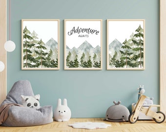 Mountain forest nursery wall decor, Adventure theme nursery, woodland prints, woodland nursery decor, mountain nursery decor, forest Nursery