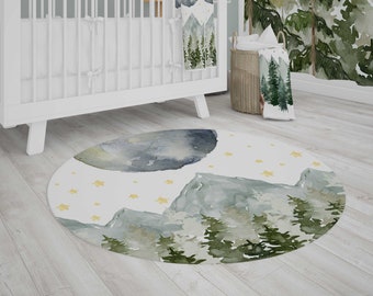 Mountain nursery area rug | 5-foot Round Area rug | Mountain night sky nursery rug | Carpet for kids' bedroom | nursery rug | Round kids rug