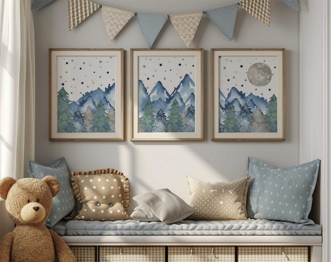Blue mountain starry night sky nursery prints | Mountain nursery decor | woodland nursery decor | moon and stars | set of 3 nursery prints
