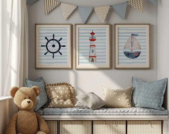 Nautical Nursery Art Set: Watercolor Lighthouse, Sailboat & Helm Prints