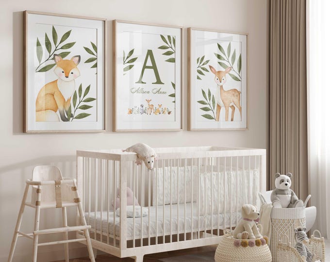 Personalized Woodland Animal Nursery Wall Art Prints, Fox and deer Nursery Decor, Set of 3 Nursery canvas prints, Forest Animal Nursery Art
