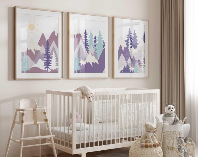 Abstract Mountain nursery wall art prints, Mountain Forest Nursery Decor, Mountain Nursery prints, Set of 3 prints, Purple and Blue Mountain