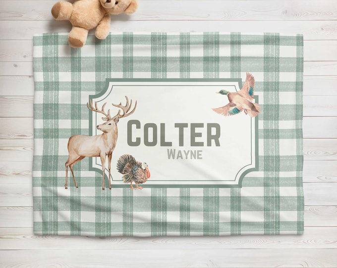 Personalized Green Plaid Hunting Baby Blanket: Deer, Turkey, Duck Nursery Decor