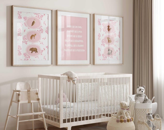 Pink Woodland Animal Nursery Art Prints, Animal Nursery Decor, Woodland Nursery Decor, Woodland Animal Nursery Prints, Set of 3 Pink prints