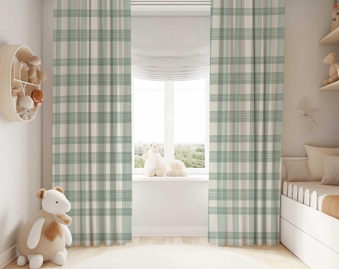 Green Plaid Nursery Window Curtains, Green Plaid Nursery Drapes, Gender Neutral Curtains, Kids Bedroom Curtains, Green Nursery Decor, Gift