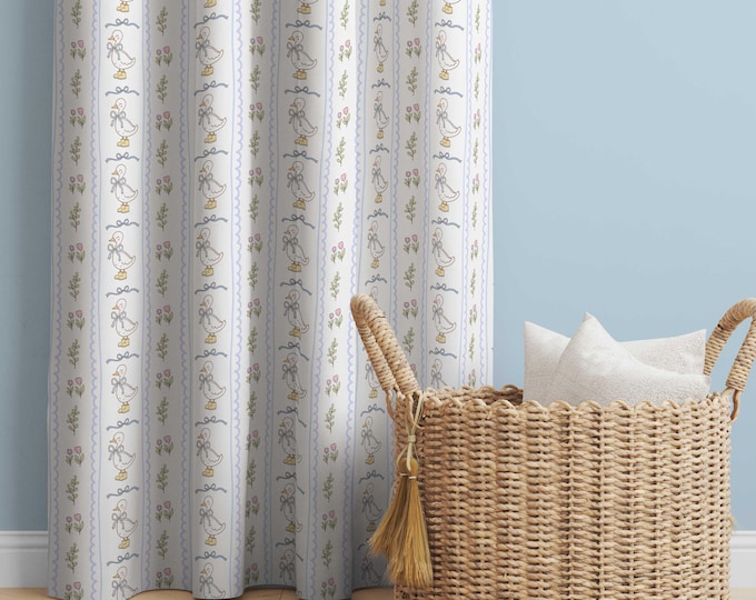Cute Silly Goose with Blue stripe Nursery Window Curtains, Goose Window Drapes, Gender Neutral Bedroom Curtains, Whimsical Nursery Decor