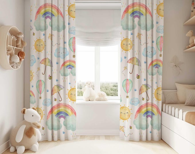 Whimsical Sky Curtains for Nursery | Rainbow Nursery Window Curtains | Sunshine Drapes | Gender Neutral Nursery Curtains | Cloud curtains