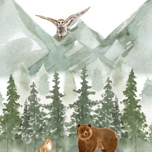 May include: A watercolor illustration featuring a brown bear and a small fox standing in a forest of green pine trees, with a barn owl flying above them against a backdrop of light green mountain peaks set against a plain white background.