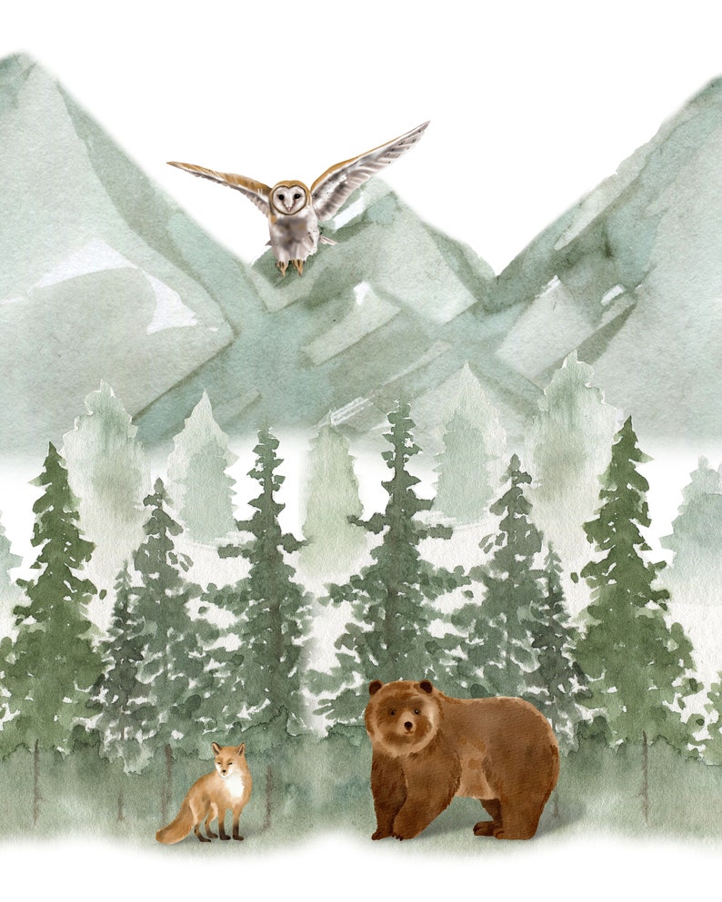 May include: A watercolor illustration featuring a brown bear and a small fox standing in a forest of green pine trees, with a barn owl flying above them against a backdrop of light green mountain peaks set against a plain white background.