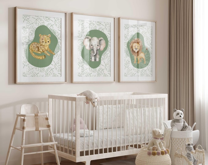 Safari Animal Nursery Decor, Jungle Nursery Wall Art Prints, Set of 3 Prints, Green Jungle Animal Nursery Art Prints, Leopard Elephant Lion