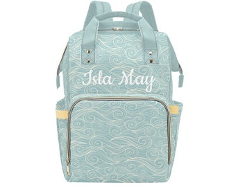 Custom Teal Wave Diaper Bag - Personalized with Child's Name - Beige Wave design - White Script Text - Baby Shower Gift - Mom Essential