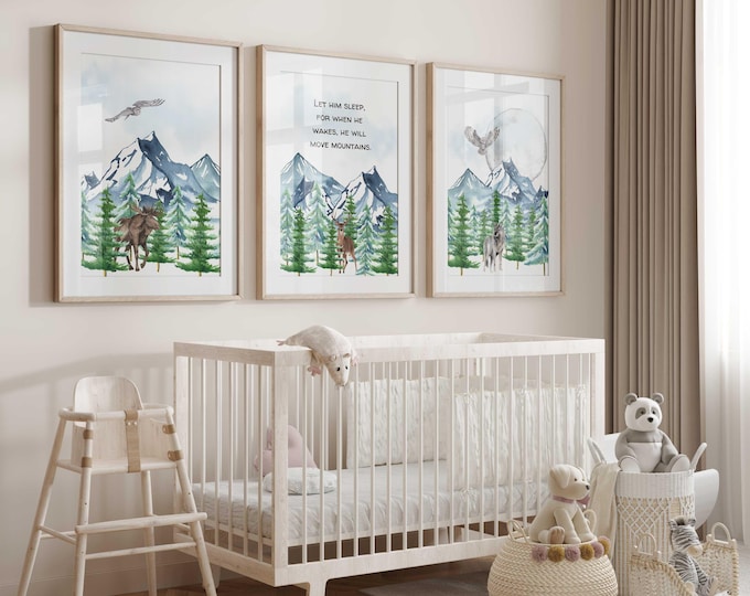Mountain Nursery Wall Art Prints, Mountain Nursery Decor, Let Him Sleep for when he wakes he will move mountains, Woodland Nursery Decor