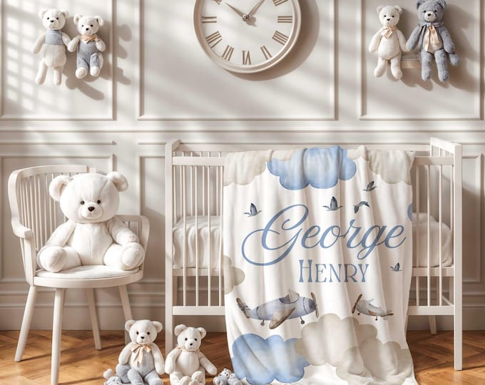 Personalized Vintage Airplane Baby Blanket: Soft Crib Blanket for boys