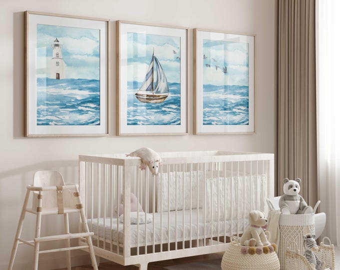 Nautical nursery prints, Sailboat nursery decor, Lighthouse Nursery Prints, Set of 3 nursery prints, Blue and White, Sail boats & Lighthouse