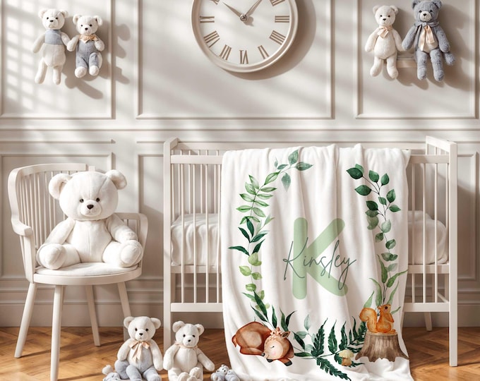 Personalized Forest Animal Baby Blanket, Woodland Nursery, Gender Neutral Blanket, Baby Crib Blanket, Toddler Gift, Green Baby Name Blanket