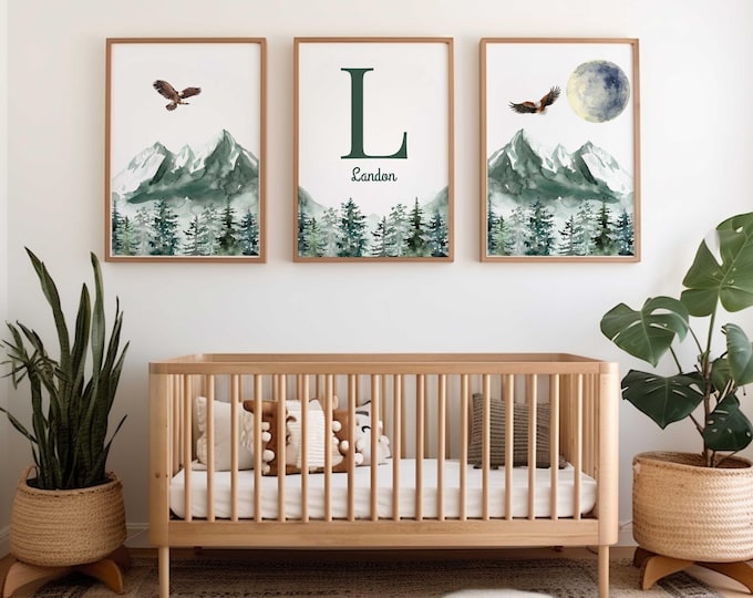 Personalized Mountain Forest Nursery Decor, Rustic Nursery Prints, Forest Nursery Prints, Mountain nursery wall art prints, Set of 3 Prints