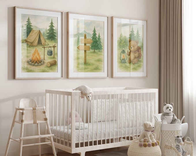 Woodland Camping Nursery Wall Art set, Bear with Lantern, Tent Campfire & Forest Trail Sign, Rustic Adventure Baby Boy Room Decor Set of 3