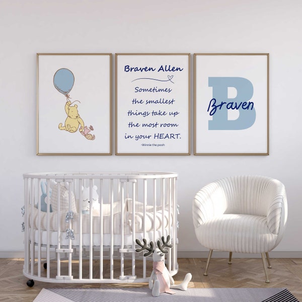 Personalized Winnie the Pooh Nursery Wall Art Prints - Blue Pooh Nursery Decor - Pooh Quote - Set of 3 Prints - Baby Shower Gift for boy