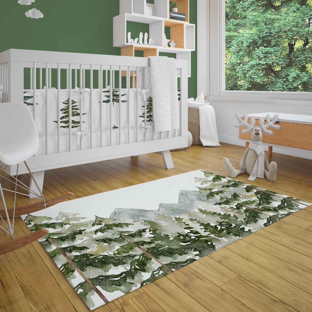 Mountains and Forest Nursery and Kids' Bedroom Area Rug Green Mountains