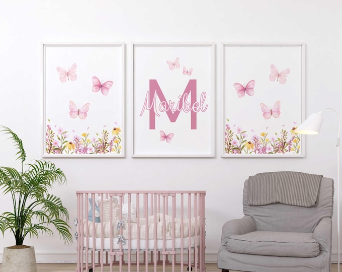 Personalized Pink Butterfly Nursery Prints: Set of 3 Floral Wall Art