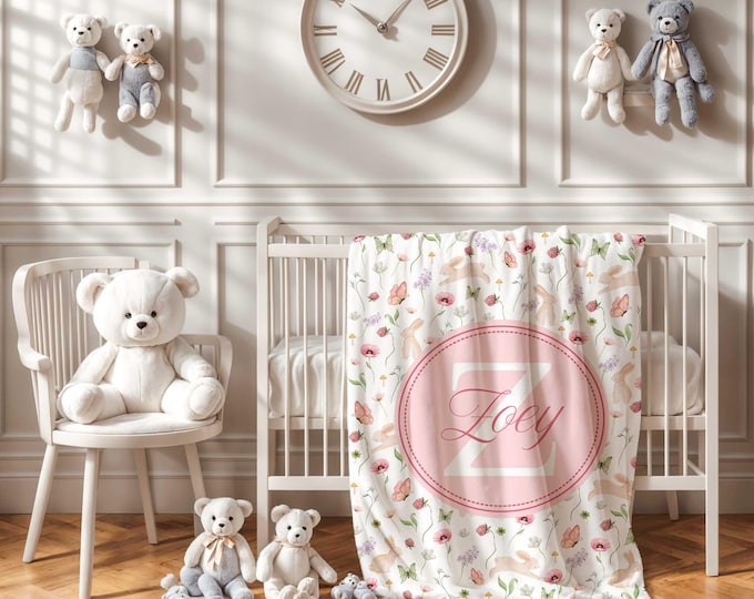 Personalized Wildflower Bunny Baby Blanket: Velveteen Rabbit Nursery Decor