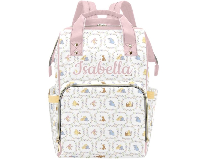 Winnie the Pooh Diaper Bag Backpack, Floral Print, Personalized Baby Shower Gift