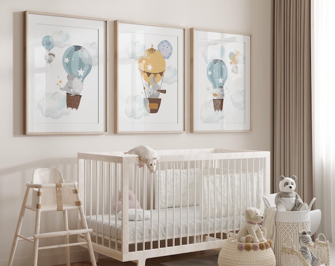 Hot Air Balloon Nursery Prints: Set of 3 Sky Wall Art