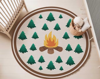 camping nursery area rug | 5-foot Round Area rug | Camp Fire nursery rug | Carpet for kids' bedroom | camping play rug | Gender Neutral Rug