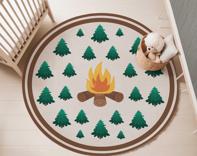 camping nursery area rug | 5-foot Round Area rug | Camp Fire nursery rug | Carpet for kids' bedroom | camping play rug | Gender Neutral Rug