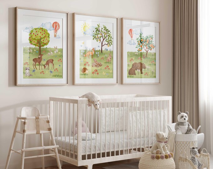 Woodland Animal Nursery Art Prints, Animal Nursery Decor, Spring Meadow Nursery Art, Animal Nursery Prints, Set of 3 prints, gender neutral