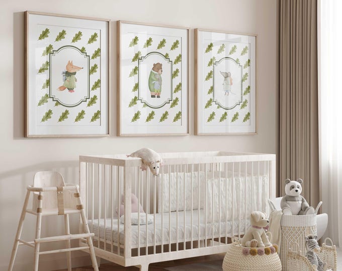 Woodland Animal Nursery Wall Art Prints, Forest Animal Nursery Decor, Set of 3 gender neutral nursery prints, Fox Bear Mouse Rabbit Prints