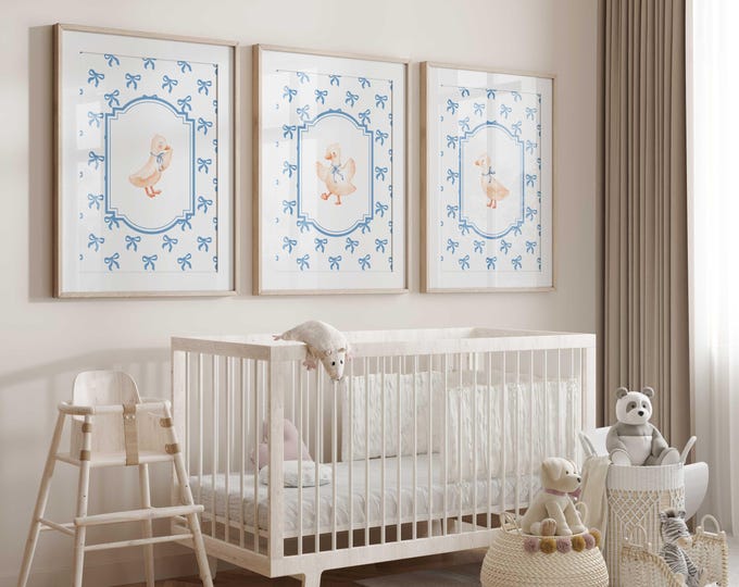 Ducks with blue bows Nursery Art Prints, duck Nursery Decor, Blue Bow Wall Art, Baby Boy Nursery Prints, Set of 3 prints, Blue Nursery