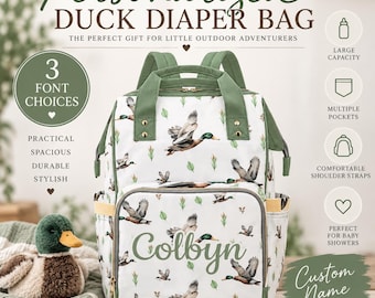 Personalized Duck Diaper Bag, Mallard Baby Backpack, Hunting Baby Shower Gift, Woodland Baby Boy Gift, Custom Name Diaper Bag