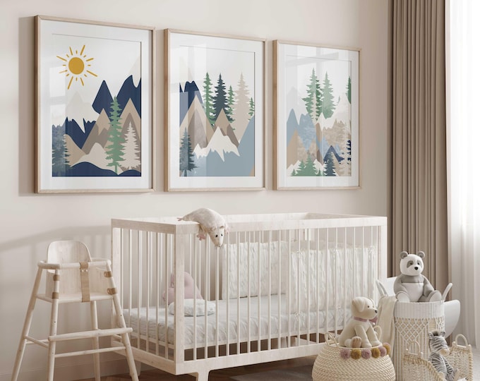 Abstract Mountain nursery wall art prints, Mountain Forest Nursery Decor, Mountain Nursery prints, Set of 3 prints, Mountain Nursery Decor