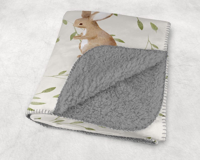 Personalized Bunny Baby Blanket: Velveteen Rabbit Nursery Decor Sherpa - grey