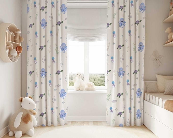 Under the Sea Nursery Curtains, Ocean animal nursery curtains, Kids Bedroom Curtains, Black Out Curtains, Sea Life Window Curtains, Blue