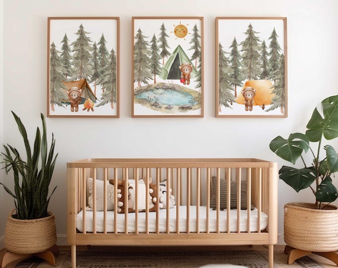 Camping bears nursery wall art prints | Woodland nursery decor | Forest animal prints | unframed set of 3 watercolor nursery prints | green