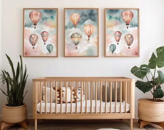 Hot Air Balloon nursery wall decor | Hot air balloon nursery prints | Watercolor sky nursery wall art | Set of 3 watercolor nursery prints