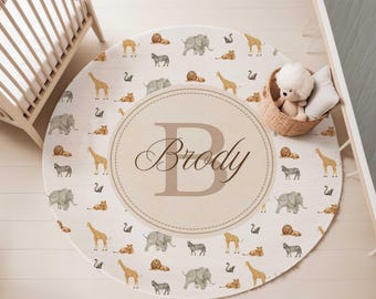 Personalized Safari Animal nursery area rug | 5-foot Round Area rug | Jungle animal nursery rug | Carpet for kids' bedroom | boy nursery rug