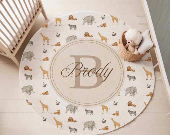 Personalized Safari Animal nursery area rug | 5-foot Round Area rug | Jungle animal nursery rug | Carpet for kids' bedroom | boy nursery rug