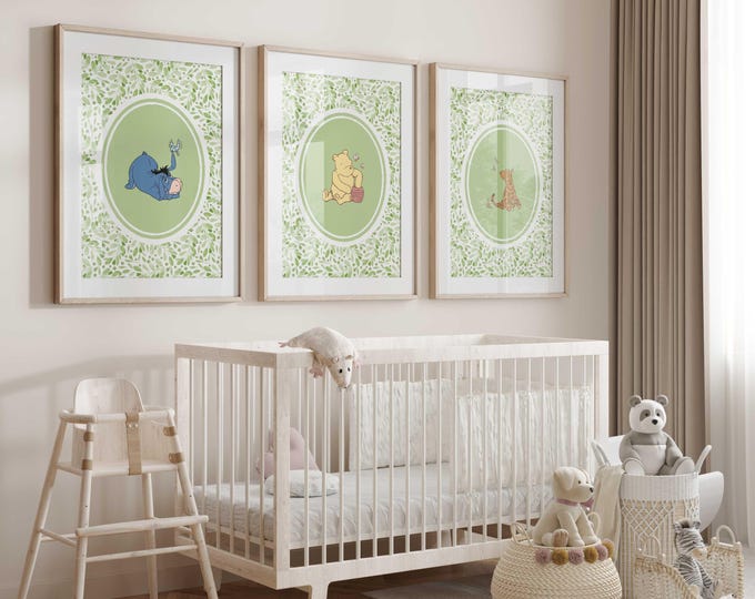 Winnie the Pooh nursery wall decor | Green leaf nursery prints | Green Nursery Decor | Set of 3 prints | Gender Neutral Nursery | Baby Gift